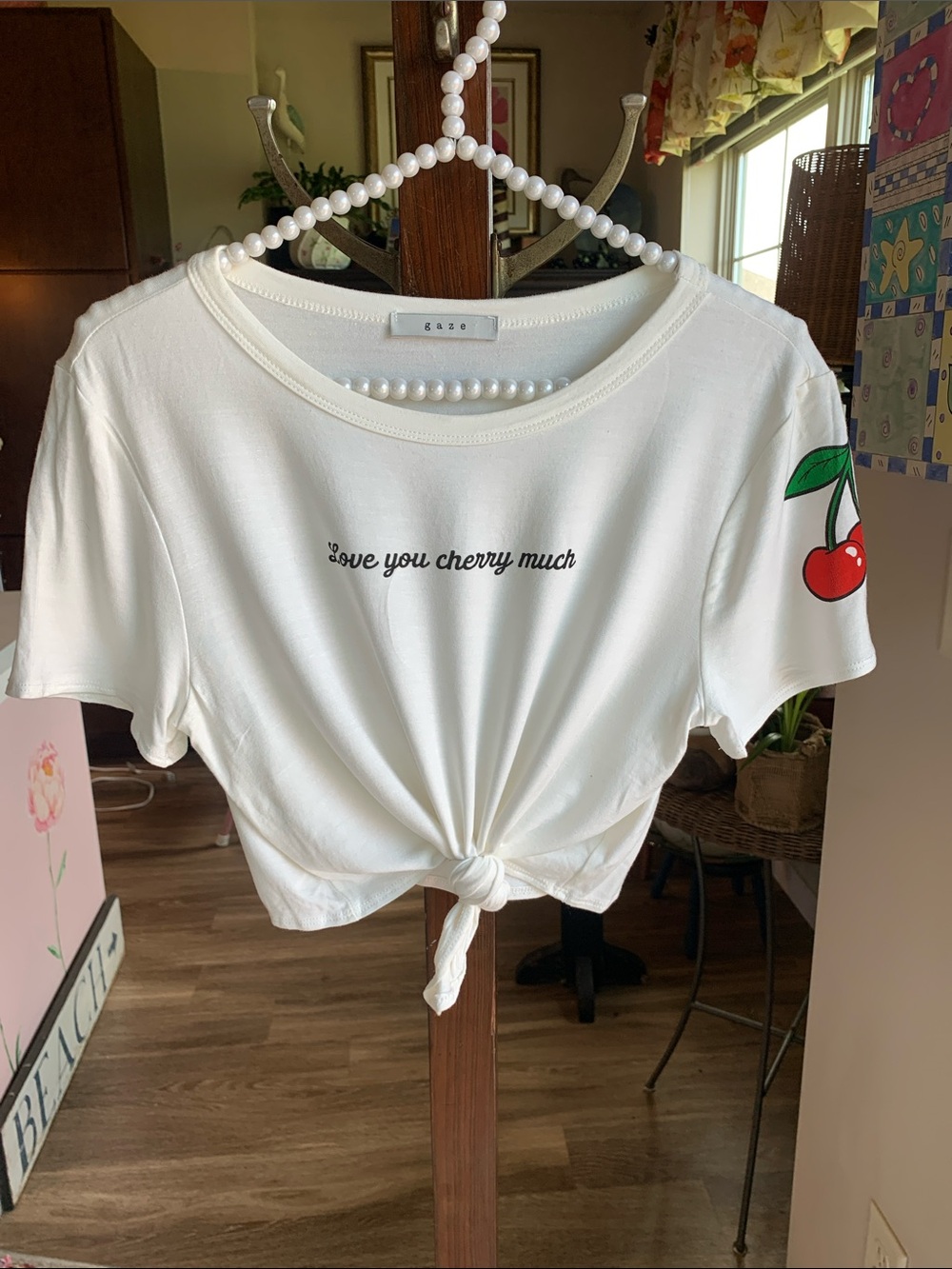 gaze Cream ❤️ U Cherry Much Knot-Front Crop Tee w Cherries 🍒 on Sleeve Size M